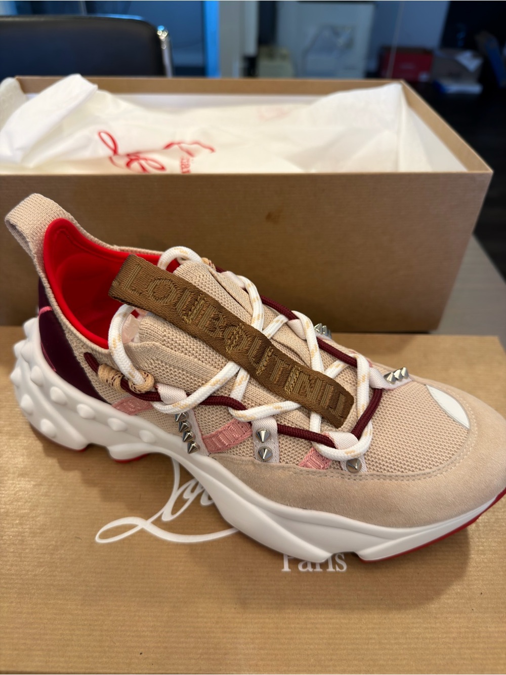 NEW Christian Louboutin Beige, Pink and Red Women’s Chunky Sneaker size 37.5